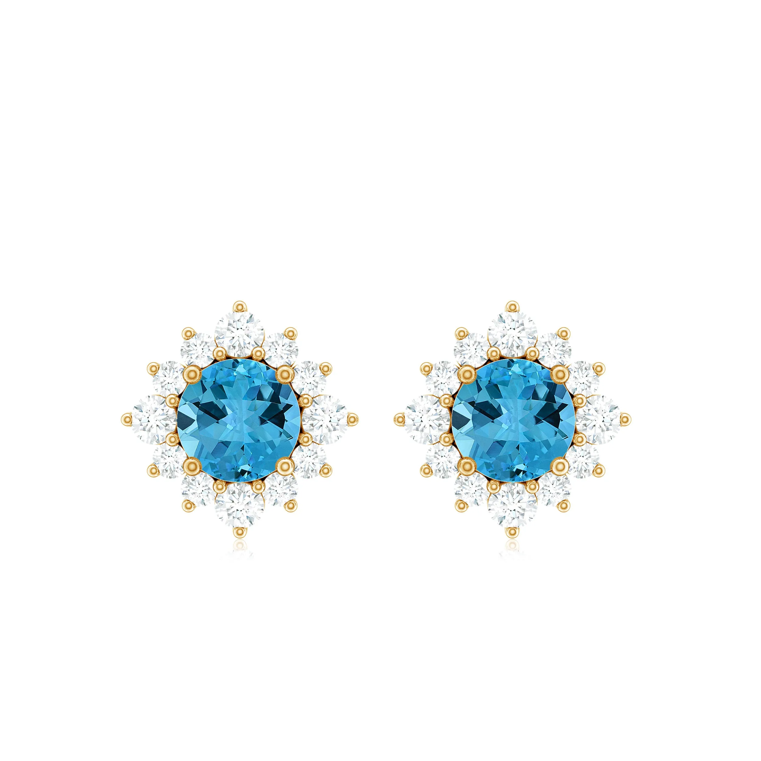 1 CT Classic Swiss Blue Topaz Stud Earrings with Diamond Halo