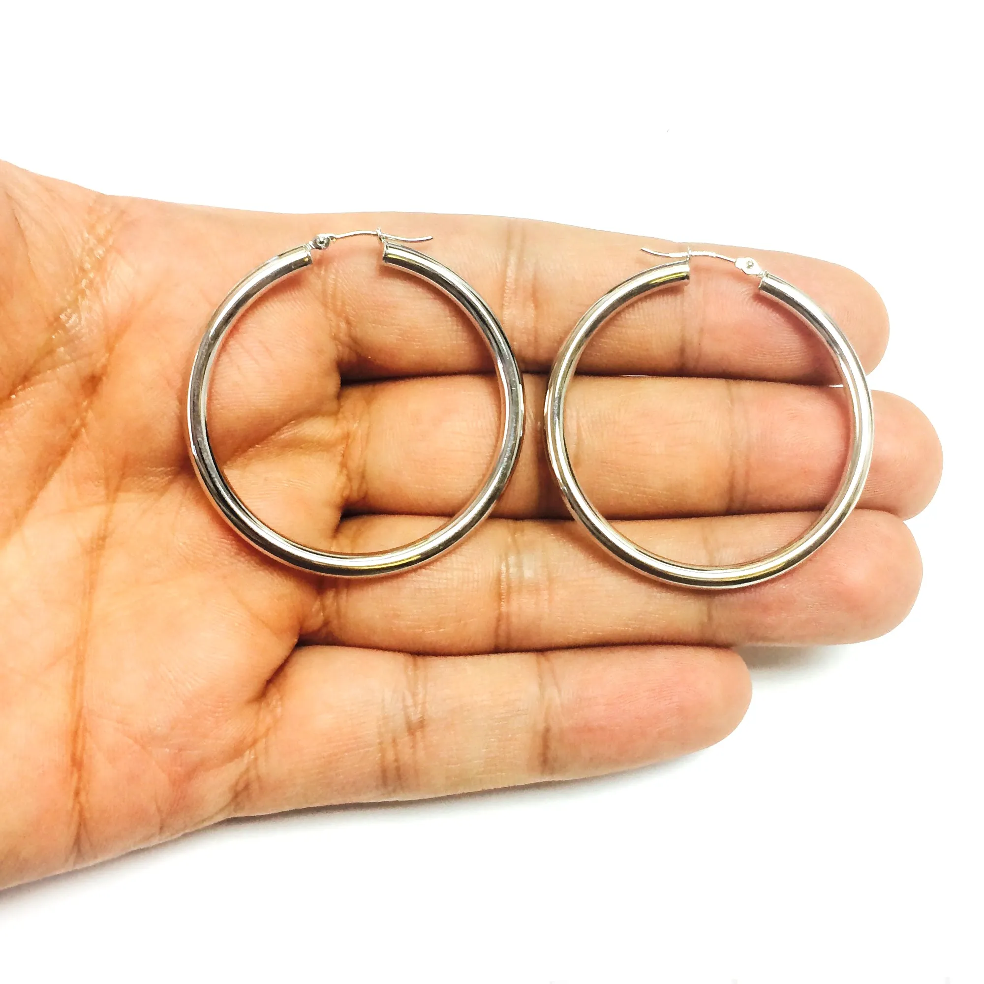 10k White Gold 3mm Shiny Round Tube Hoop Earrings