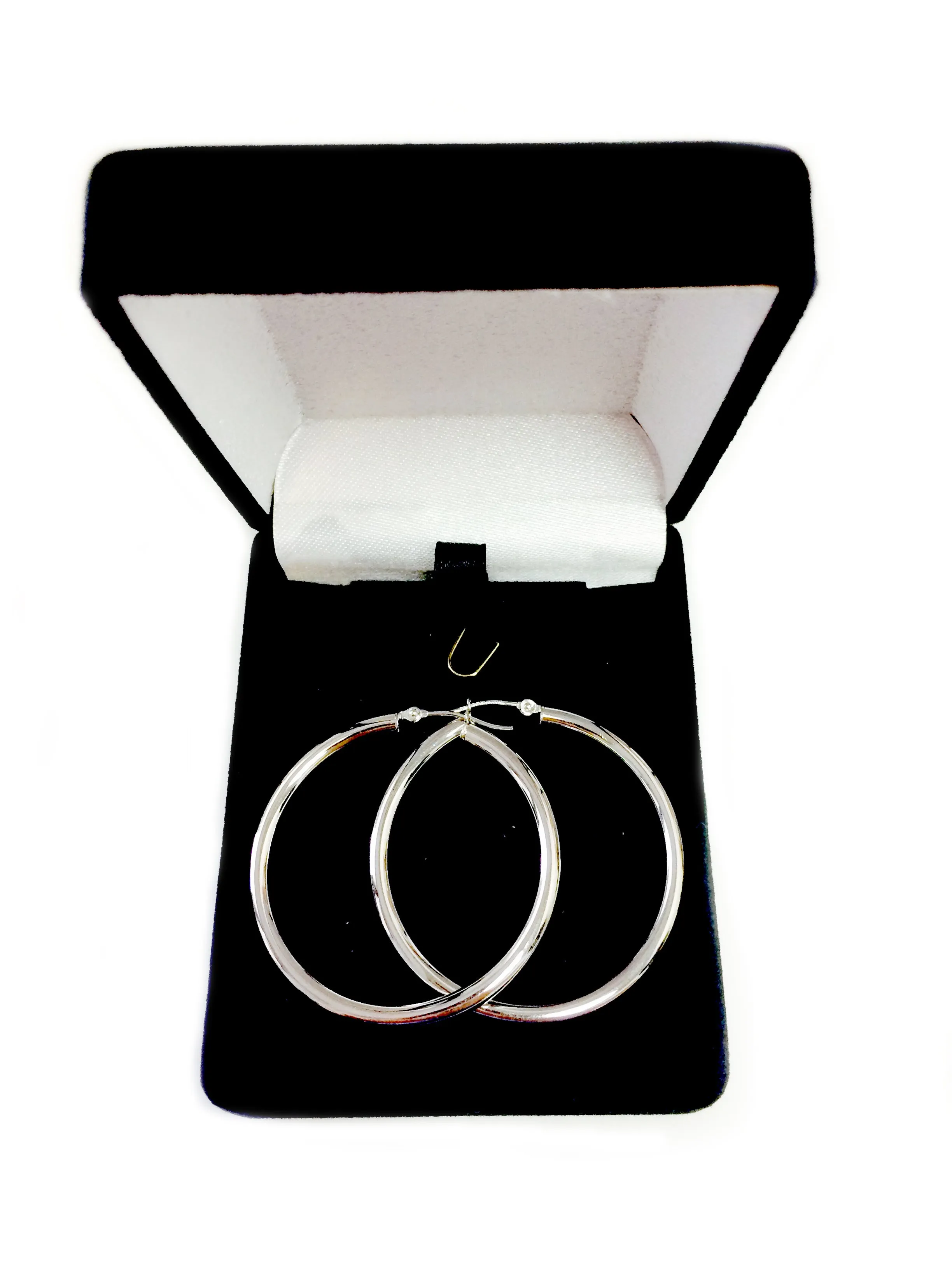 10k White Gold 3mm Shiny Round Tube Hoop Earrings