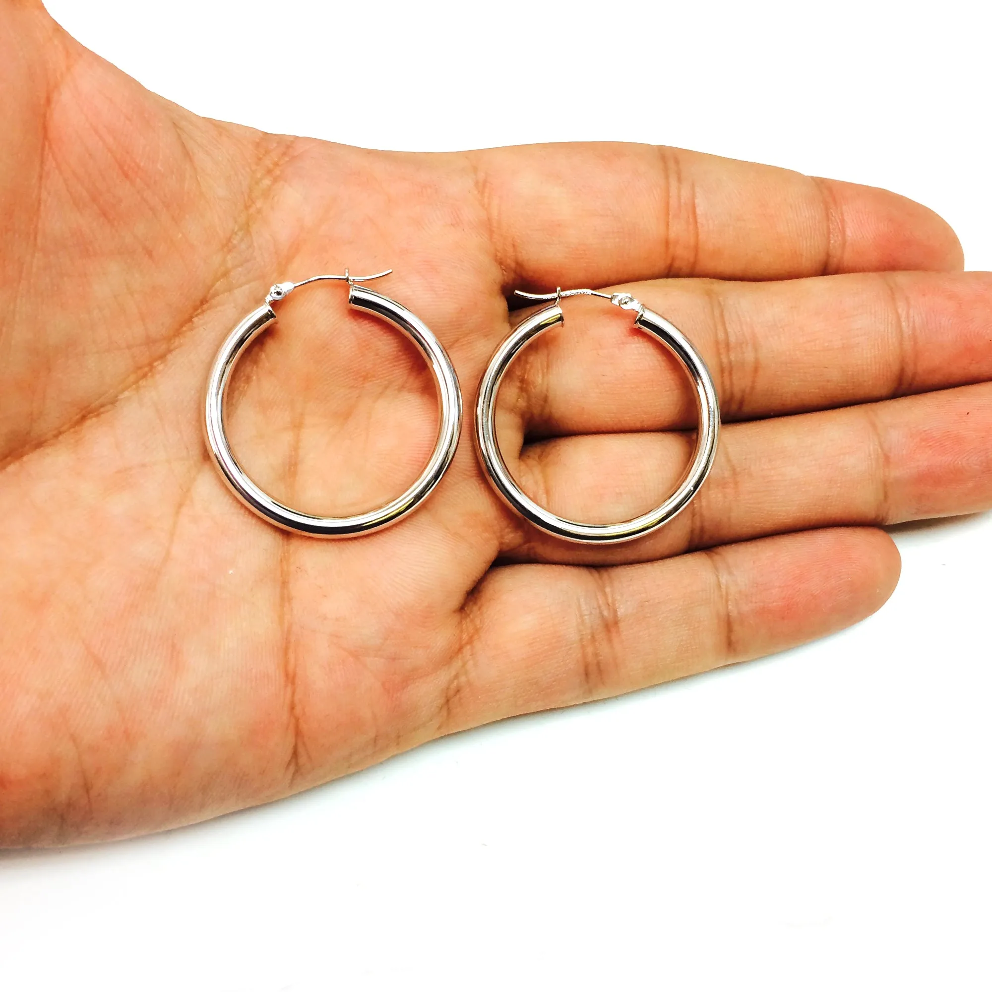 10k White Gold 3mm Shiny Round Tube Hoop Earrings