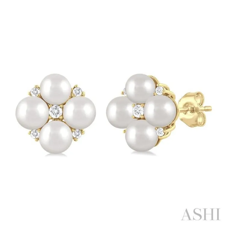 1/10 ctw Floral 4X4MM Cultured Pearls and Round Cut Diamond Fashion Stud Earring in 10K Yellow Gold