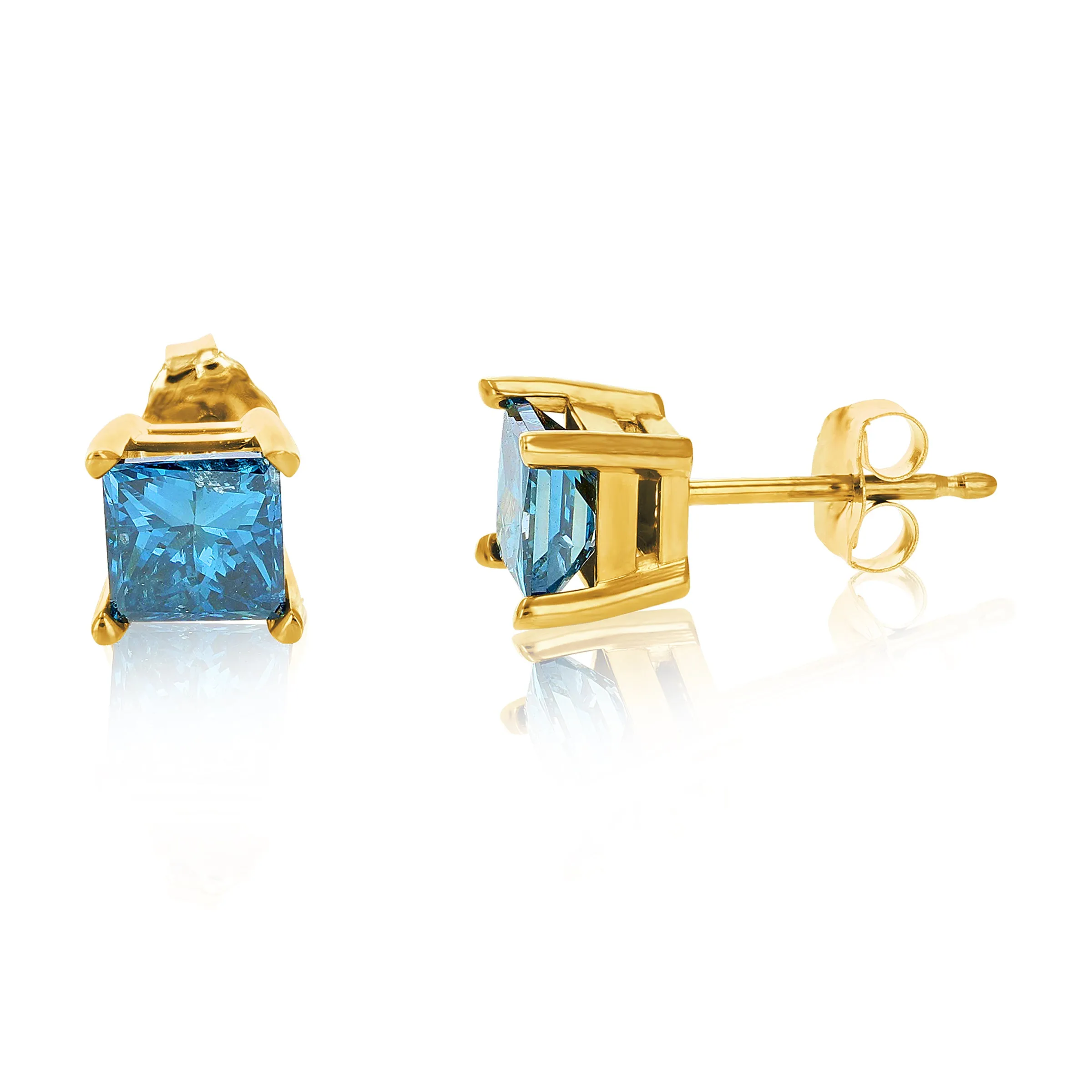 1/2 cttw Princess Cut Blue Diamond Stud Earrings 14K Yellow Gold Square Shape