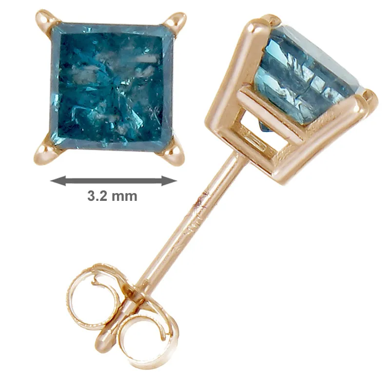 1/2 cttw Princess Cut Blue Diamond Stud Earrings 14K Yellow Gold Square Shape