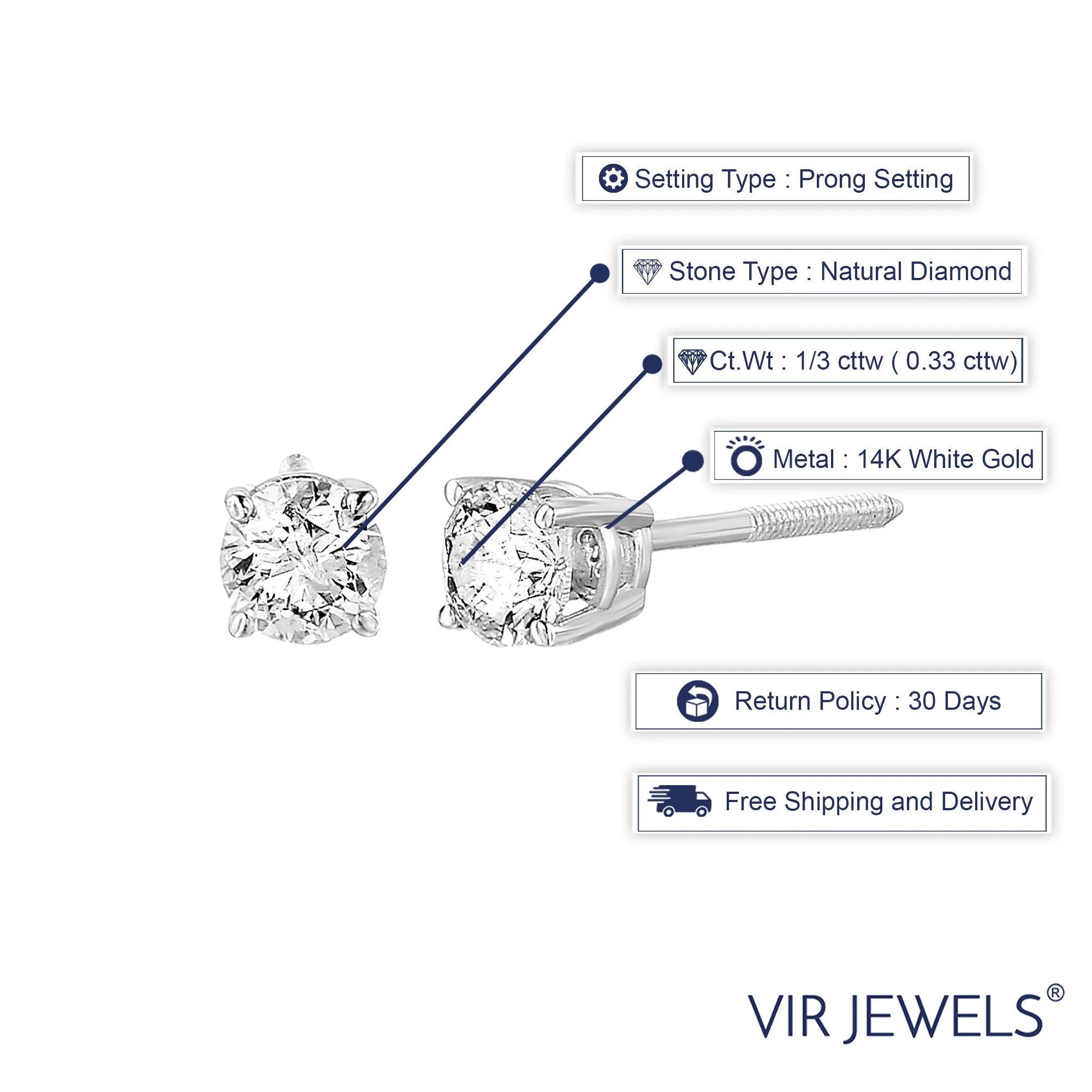 1/3 cttw SI2-I1 Certified Diamond Stud Earrings 14K White or Yellow Gold Round with Screw Backs