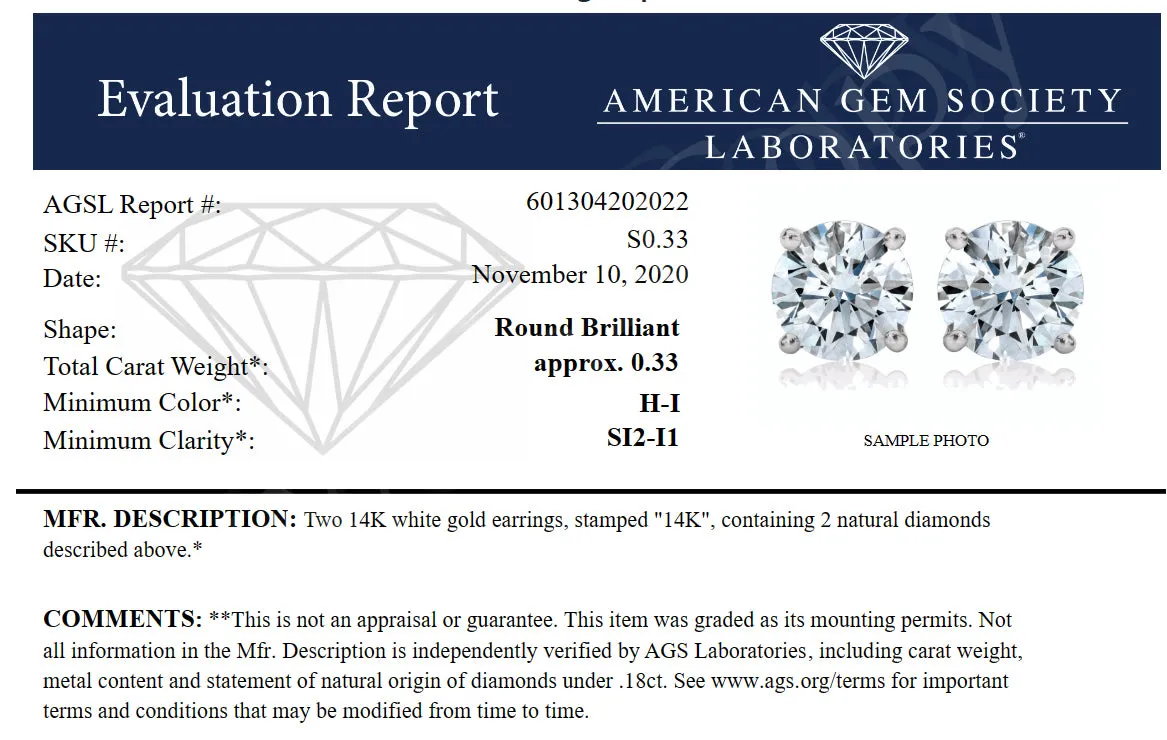 1/3 cttw SI2-I1 Certified Diamond Stud Earrings 14K White or Yellow Gold Round with Screw Backs