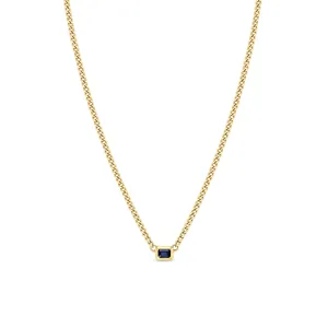 14k Emerald Cut Blue Sapphire Bezel XS Curb Chain Necklace