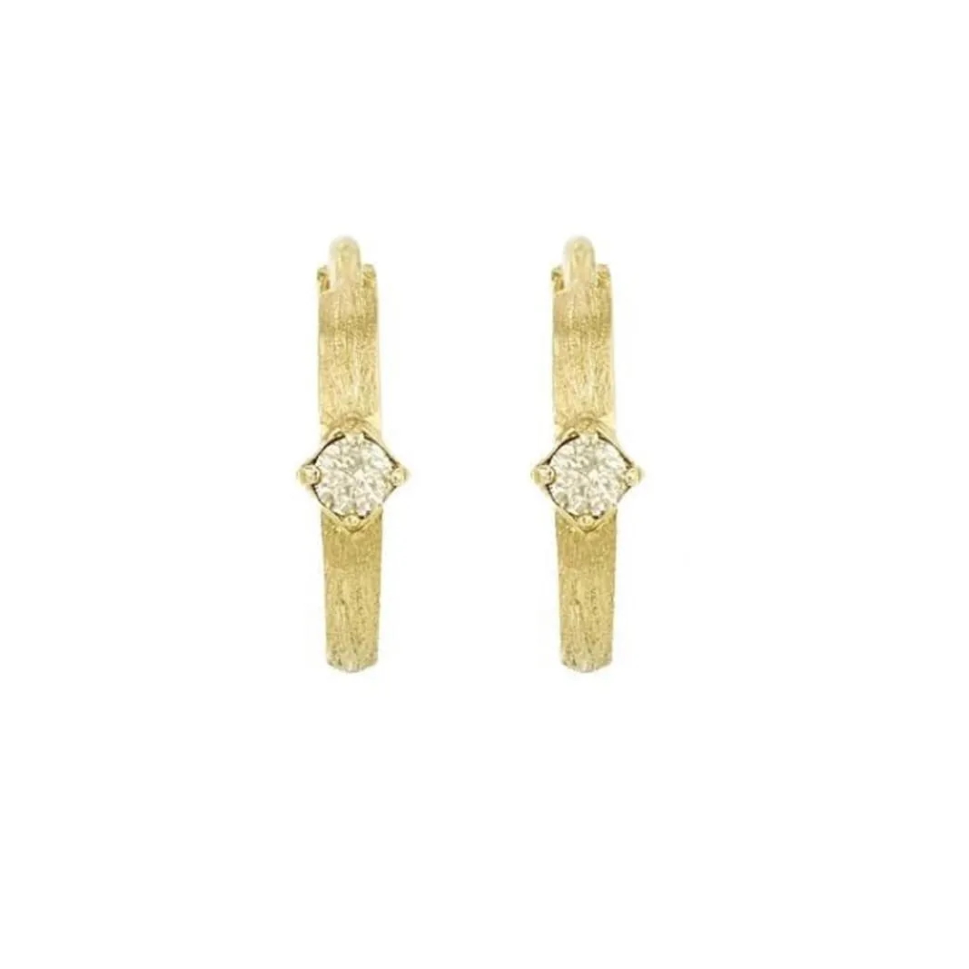 14K Gold Single Diamond Brushed Huggie Hoops Earrings