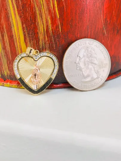 14K Solid Gold Virgen De Guadalupe Heart Charm Pendant 20x20mm / Heart Guadalupe Pendant for Womens / Dije de la Guadalupe en Corazón Oro Solido 14K