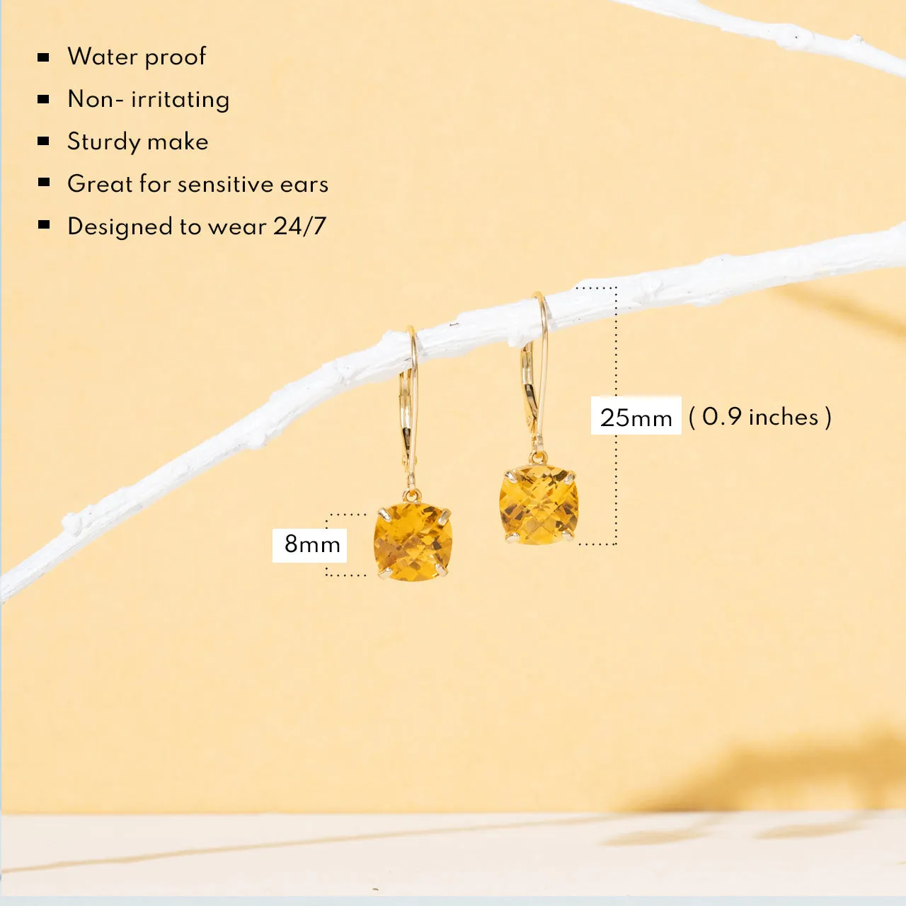 14k Solid Yellow Gold Gemstone Dangle Leverback Earrings (8mm)