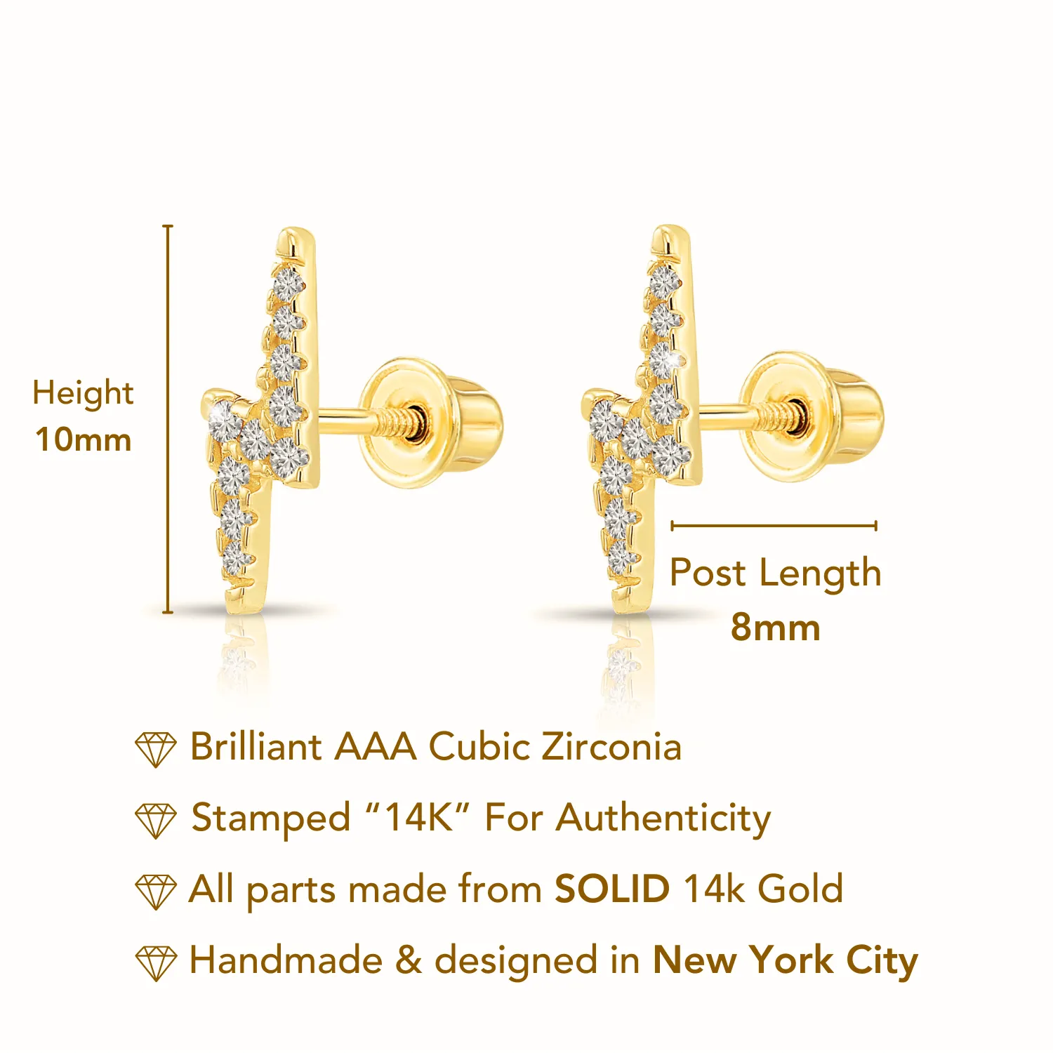 14k Solid Yellow Gold Lightning Bolt Studs, With Screw on Screwbacks