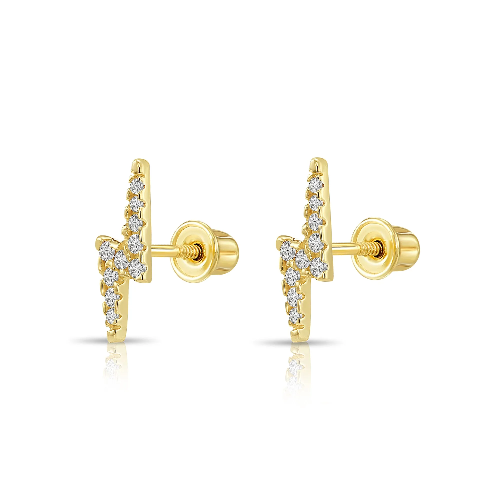 14k Solid Yellow Gold Lightning Bolt Studs, With Screw on Screwbacks