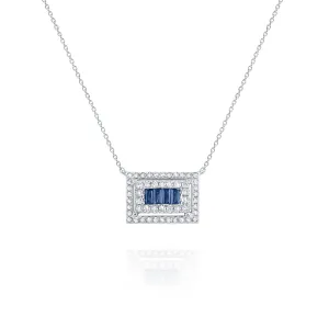 14k White Gold Blue Sapphire & Diamond Rectangle Necklace (I8301)