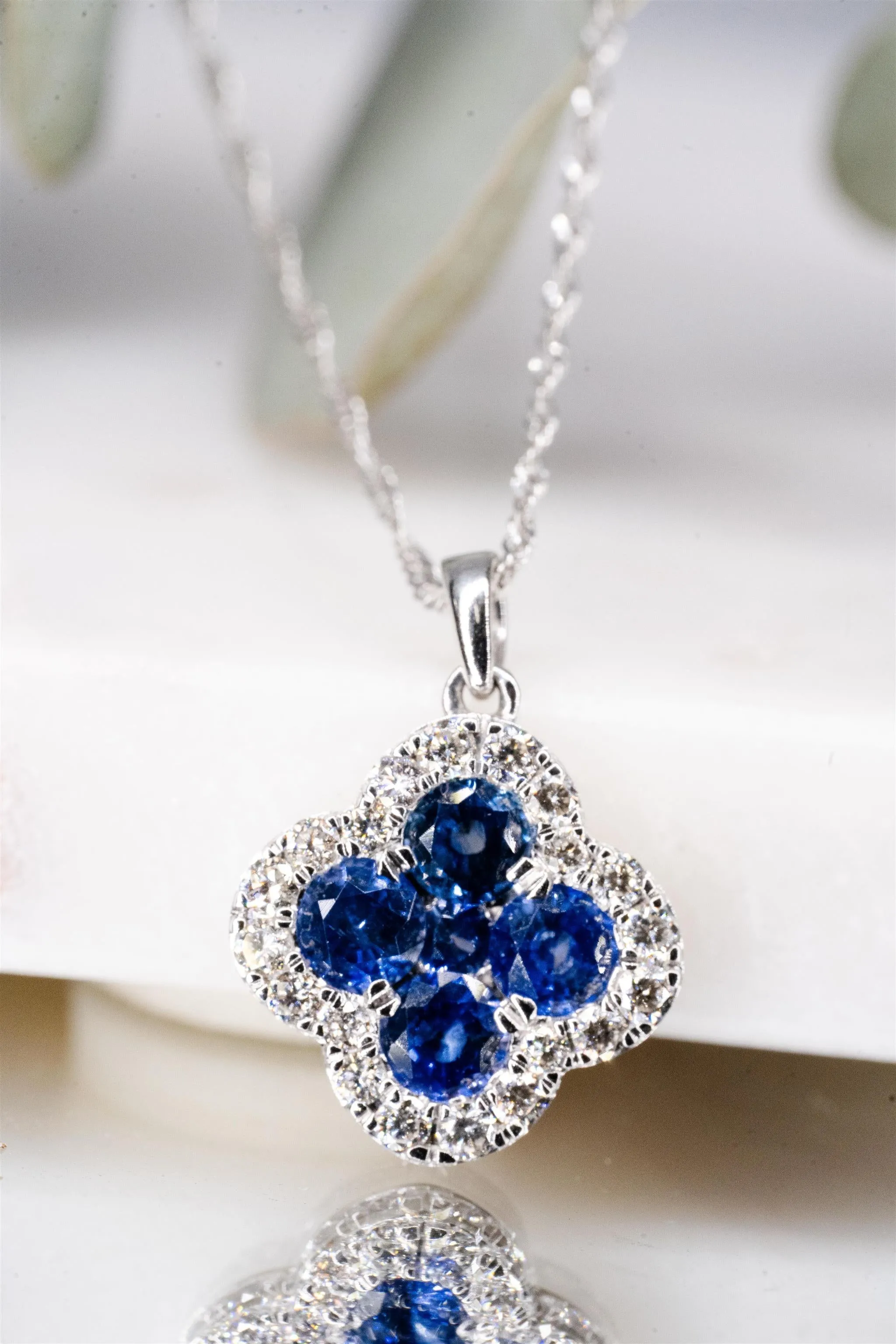 14K White Gold Blue Sapphire and Diamond Clover Necklace