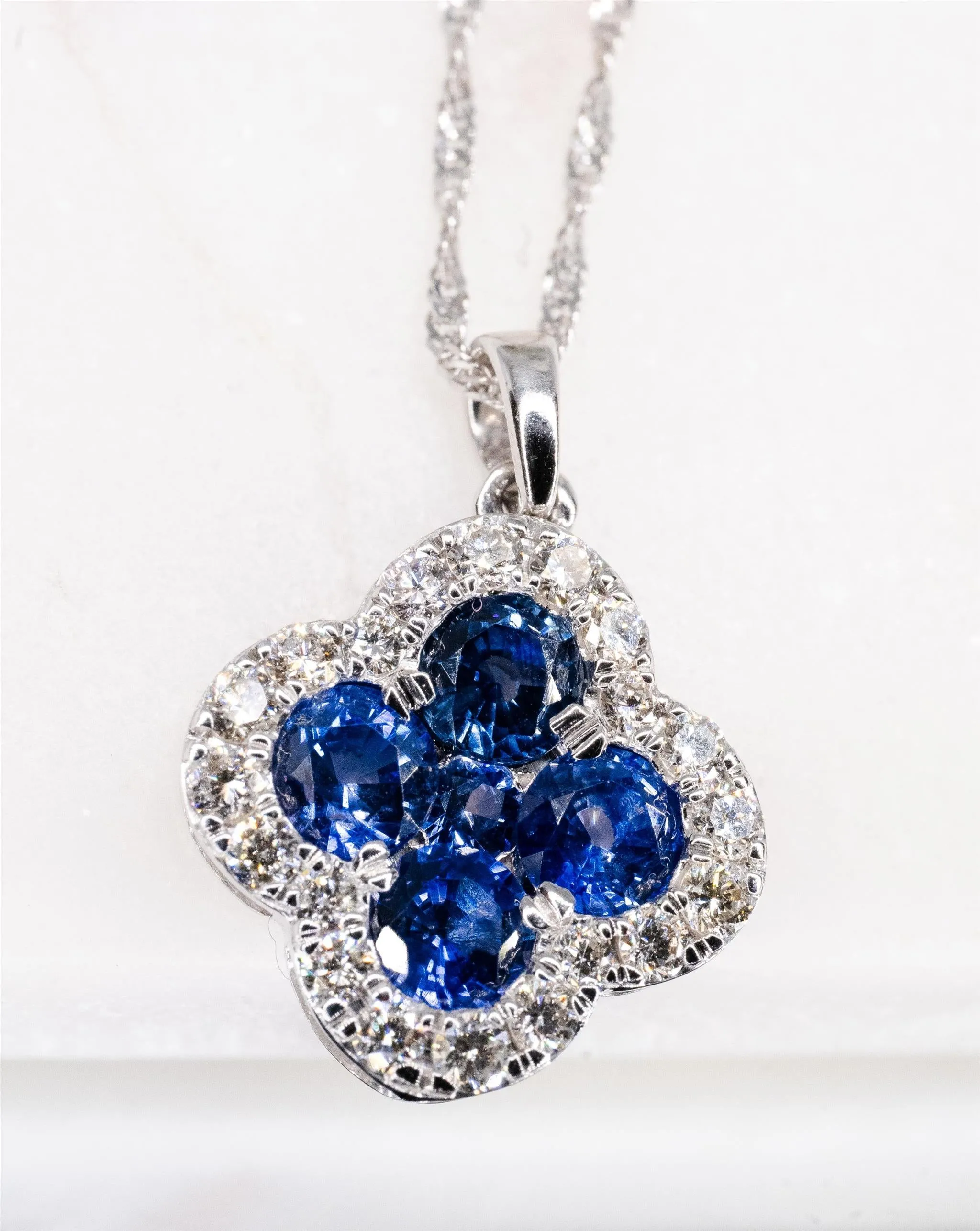 14K White Gold Blue Sapphire and Diamond Clover Necklace