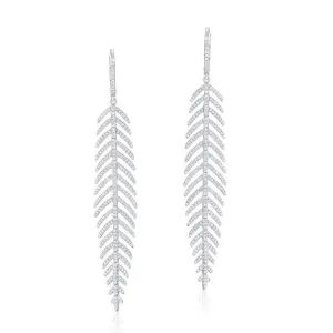 14K White Gold Diamond Dangle Feather Earrings