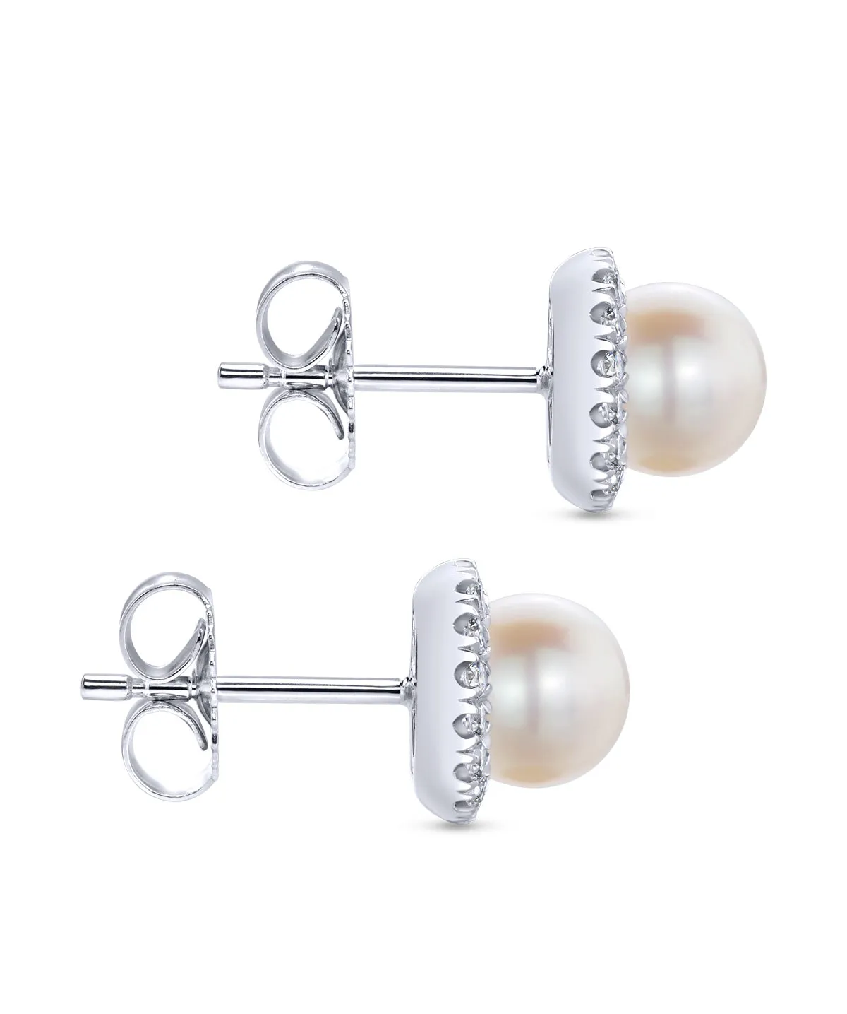 14K White Gold Round Diamond Halo Pearl Stud Earrings