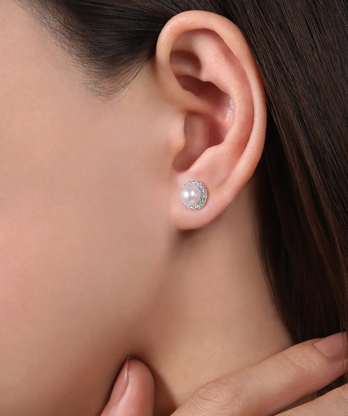 14K White Gold Round Diamond Halo Pearl Stud Earrings