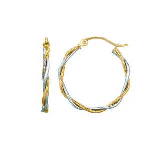 14K Yellow And White Gold Twisted Hoop Earrings, Diameter 25mm