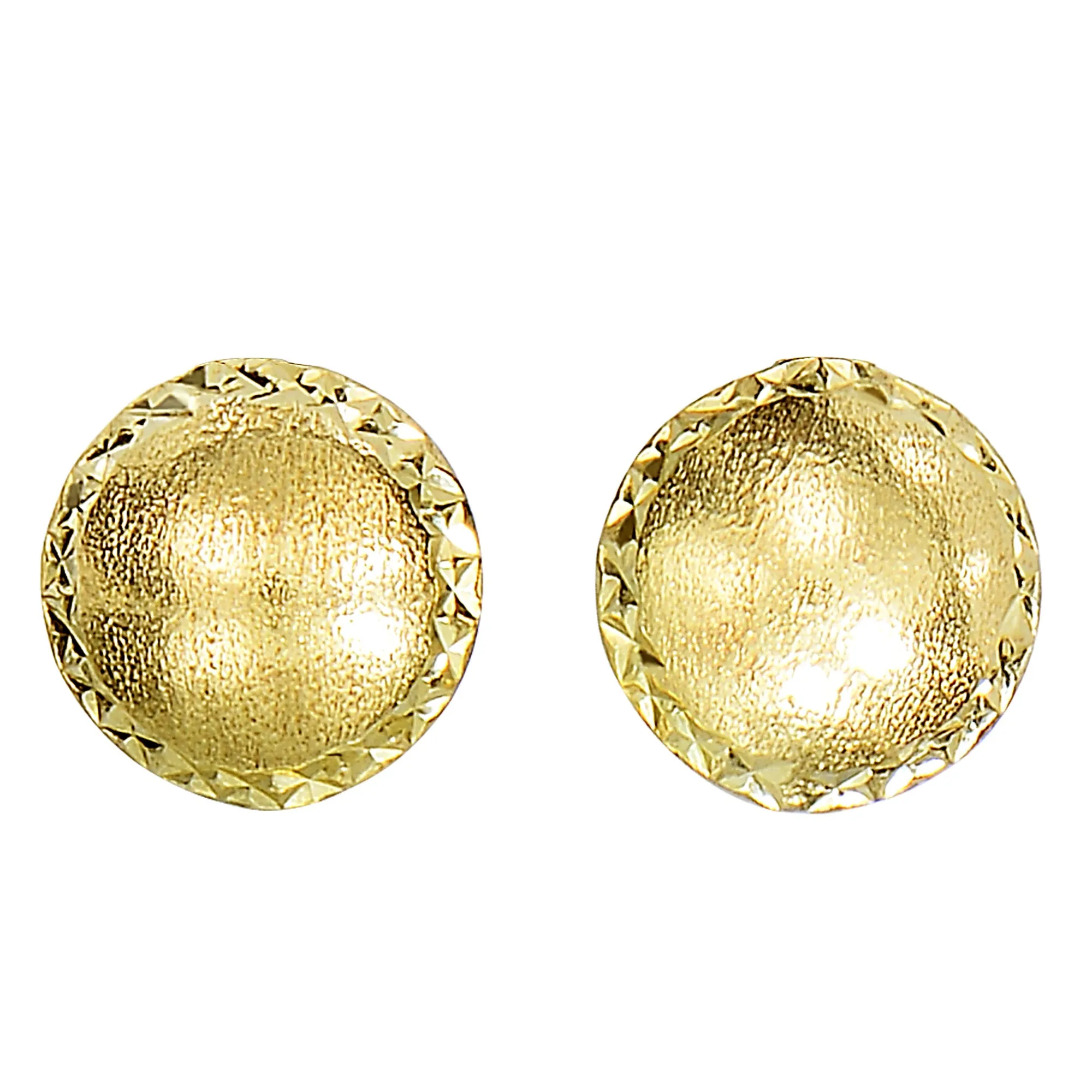 14k Yellow Gold Satin With Diamond Cut Edges Stud Earrings, 8mm