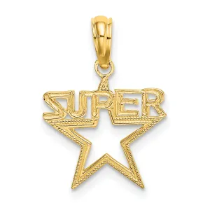 14K Yellow Gold Textured Polished Finis SUPER Star Charm Design Pendant