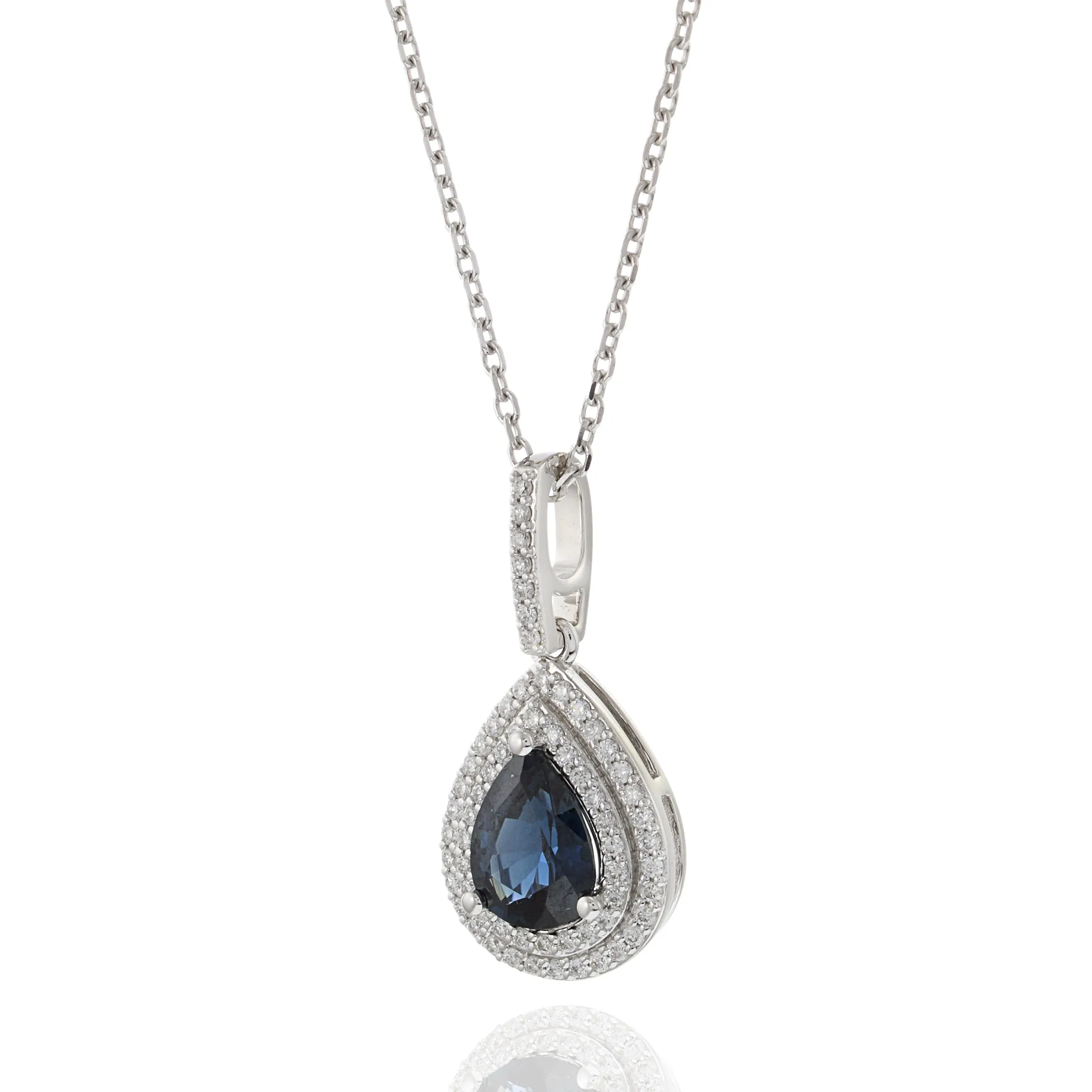 14KT White Gold Pear Shaped Sapphire and Diamond Pendant Necklace