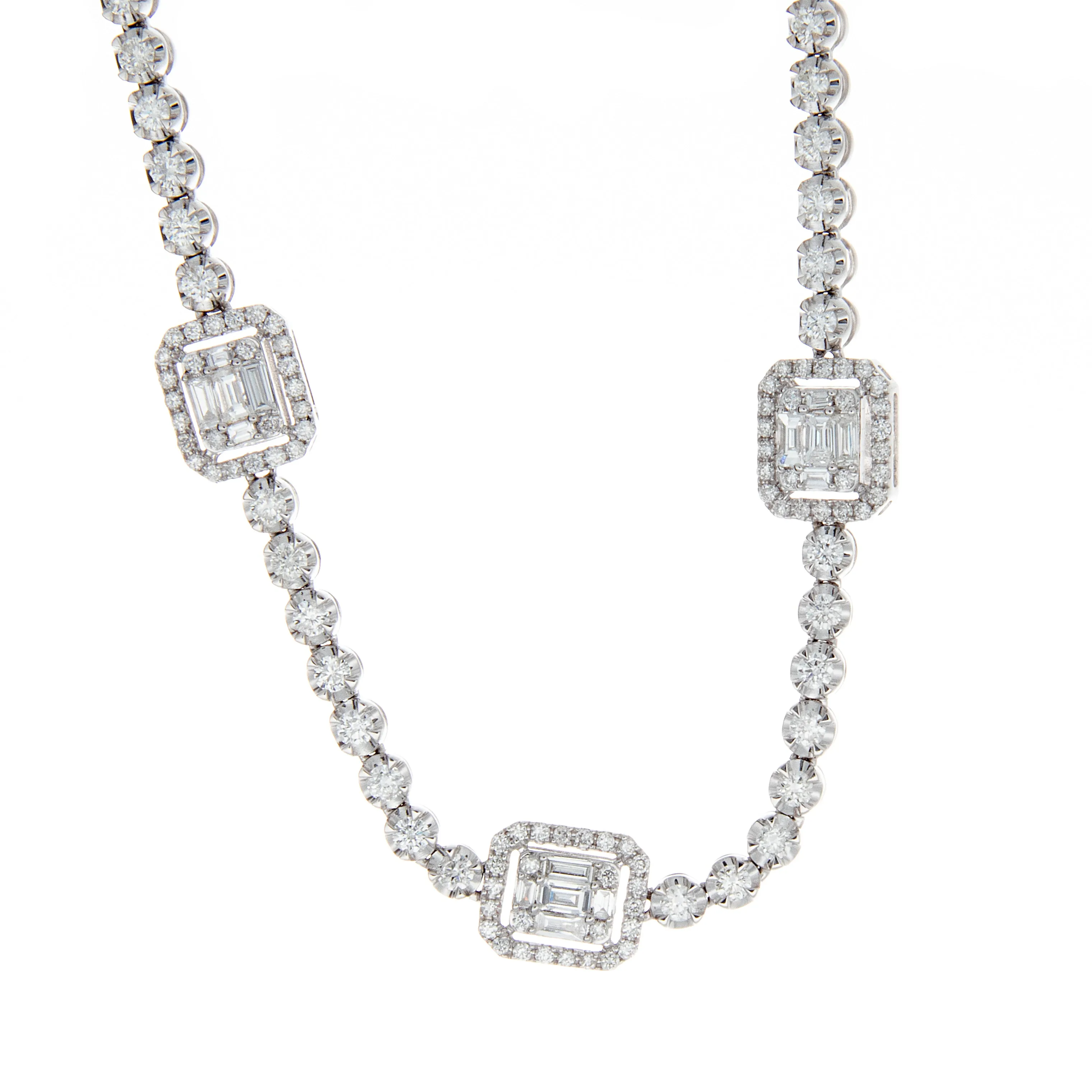 18k White Gold Baguette and Bezel Diamond Necklace