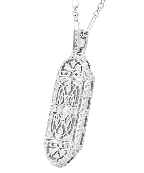 1920's Art Deco Filigree White Sapphire Geometric Pendant Necklace in Sterling Silver