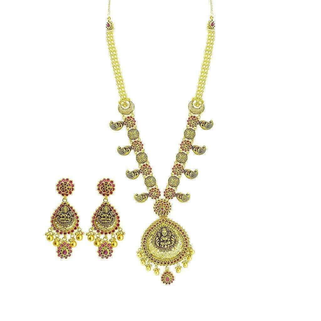 22K Yellow Gold Necklace & Earrings Set W/ Ruby, Emeralds, Pear Shaped Laxmi Pendants & Floral Accents