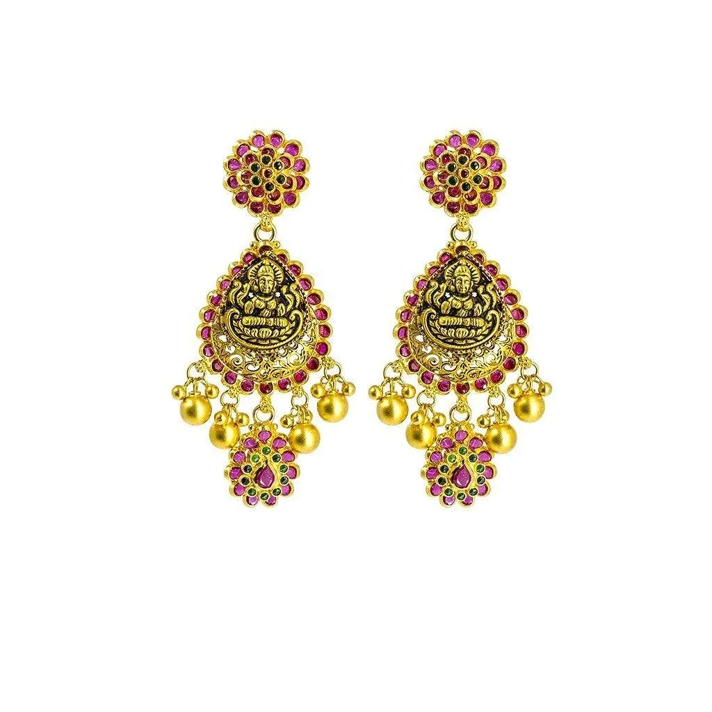 22K Yellow Gold Necklace & Earrings Set W/ Ruby, Emeralds, Pear Shaped Laxmi Pendants & Floral Accents