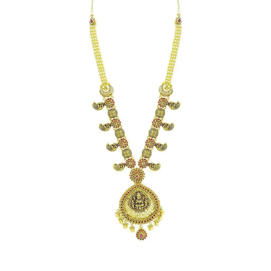 22K Yellow Gold Necklace & Earrings Set W/ Ruby, Emeralds, Pear Shaped Laxmi Pendants & Floral Accents