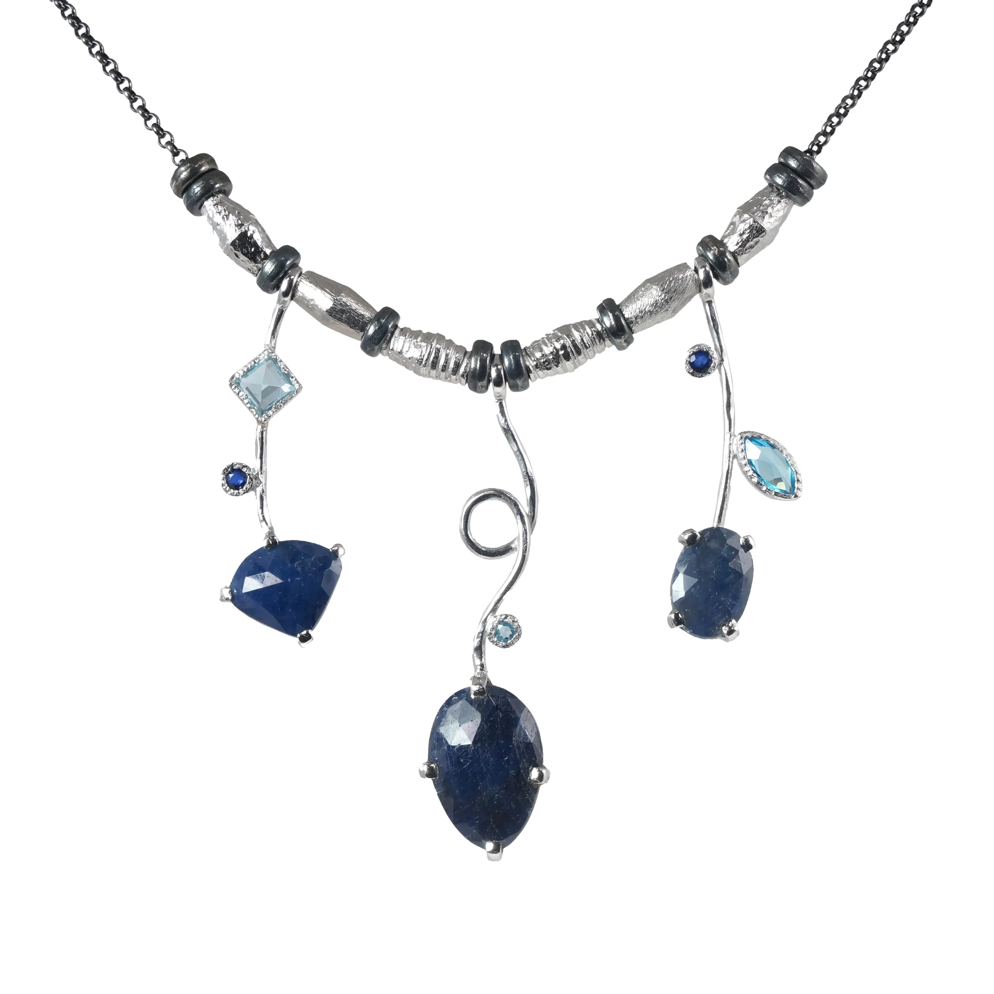 3 Stick Rose Cut Sapphire Necklace With Blue Topaz