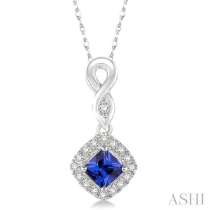 4x4 MM Cushion Shape Sapphire and 1/10 Ctw Round Cut Diamond Pendant in 14K White Gold with Chain