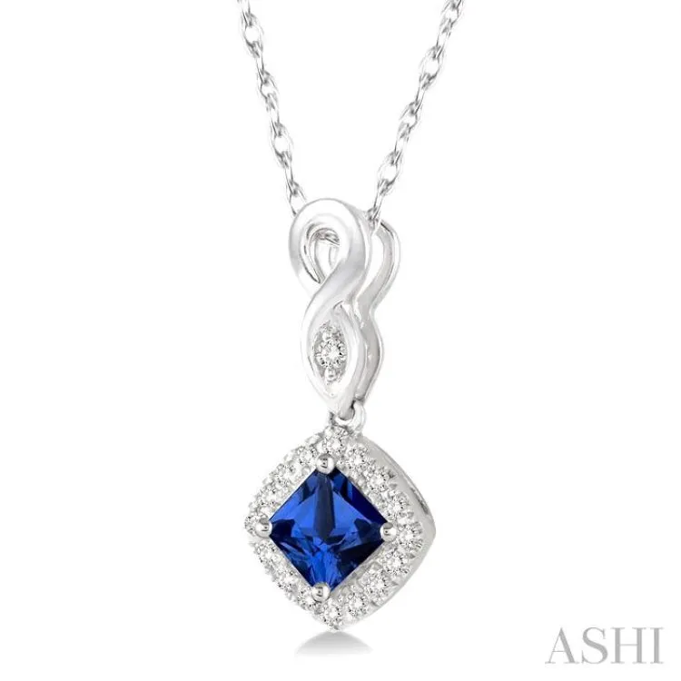 4x4 MM Cushion Shape Sapphire and 1/10 Ctw Round Cut Diamond Pendant in 14K White Gold with Chain