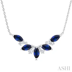 5X2.5MM Marquise Cut Sapphire and 1/6 ctw Baguette Cut Diamond Precious Gemstone Necklace in 14K White Gold