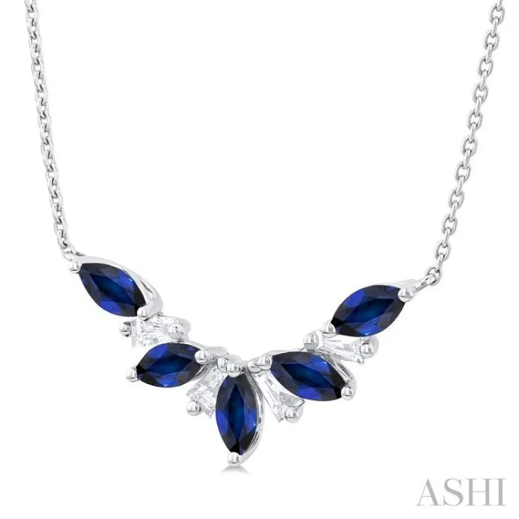 5X2.5MM Marquise Cut Sapphire and 1/6 ctw Baguette Cut Diamond Precious Gemstone Necklace in 14K White Gold