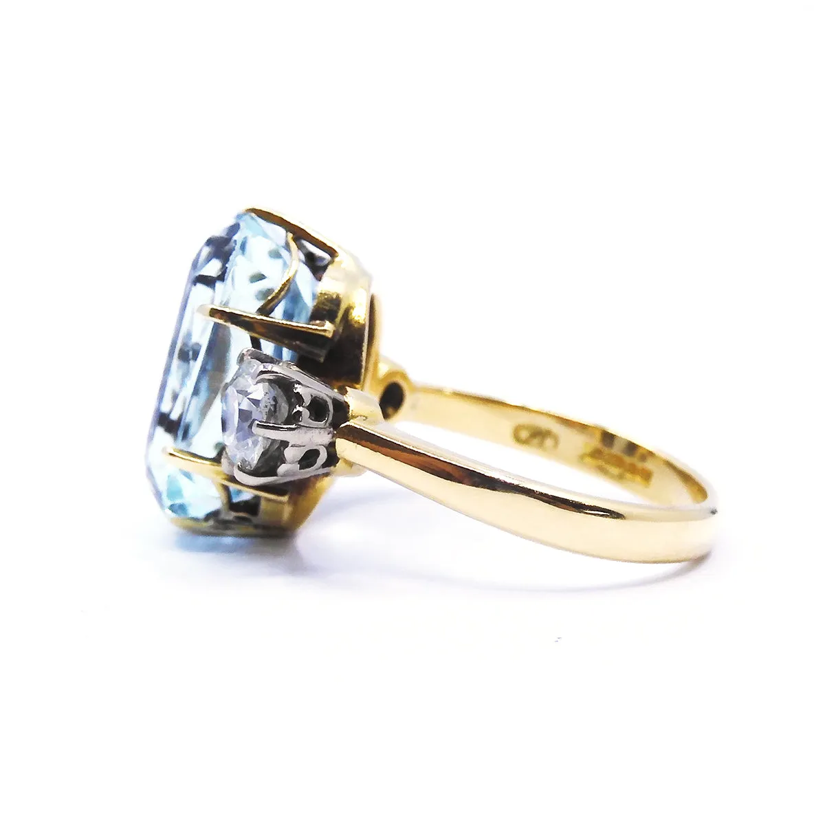 6.46ct Aquamarine and Old Cut Diamond Three Stone Ring | Pre-Loved | 18K Yellow Gold