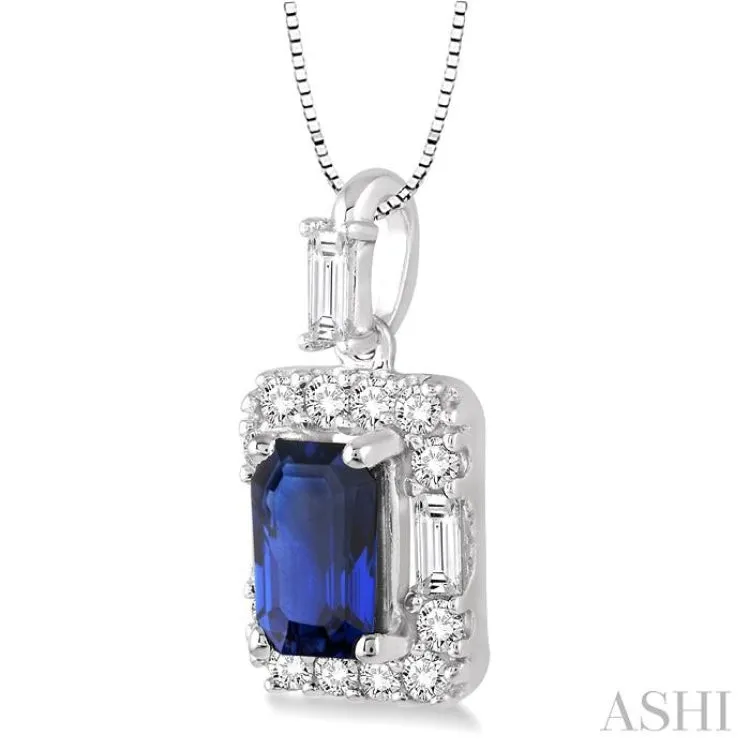 6x4 MM Octagon Cut Sapphire and 1/3 Ctw Round Cut Diamond Pendant in 14K White Gold with Chain