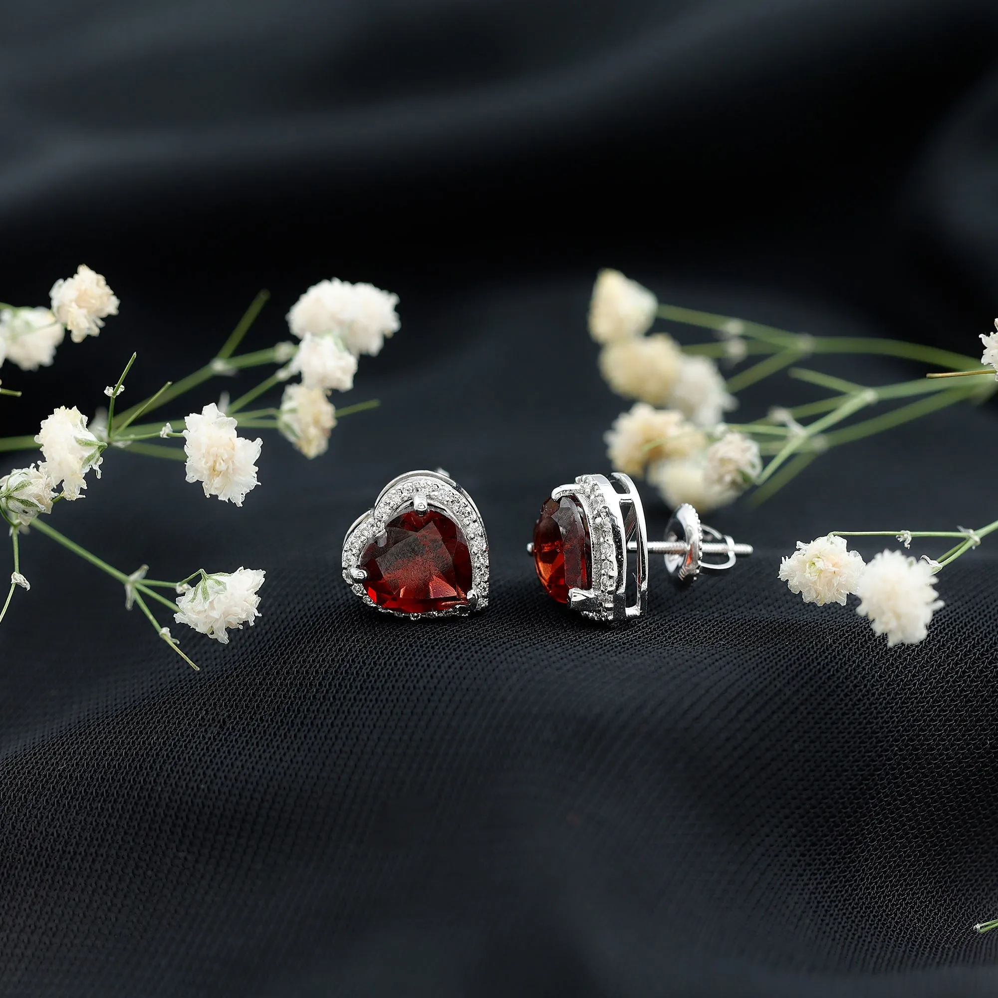 8.25 CT Heart Shape Garnet Stud Earrings with Diamond Halo