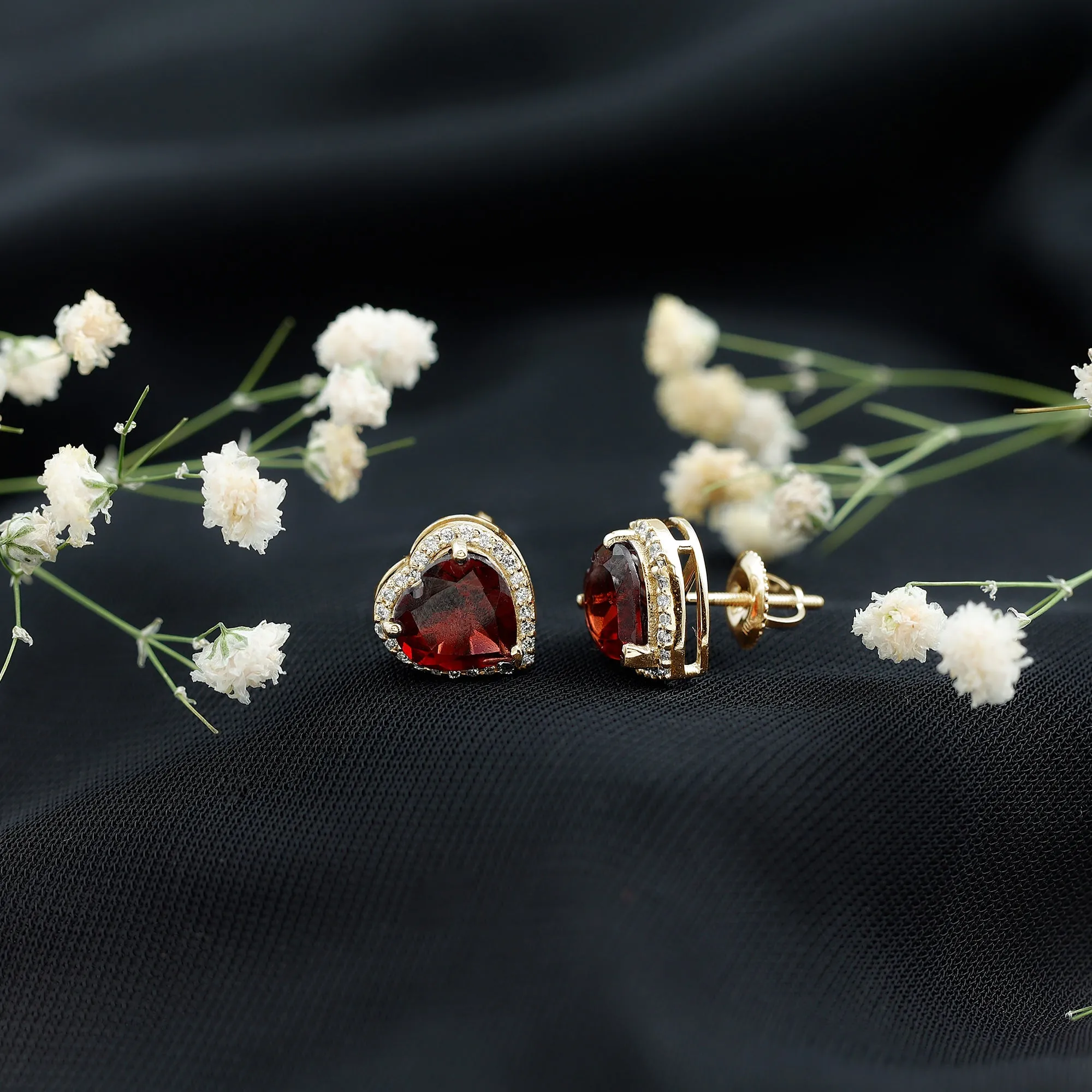 8.25 CT Heart Shape Garnet Stud Earrings with Diamond Halo