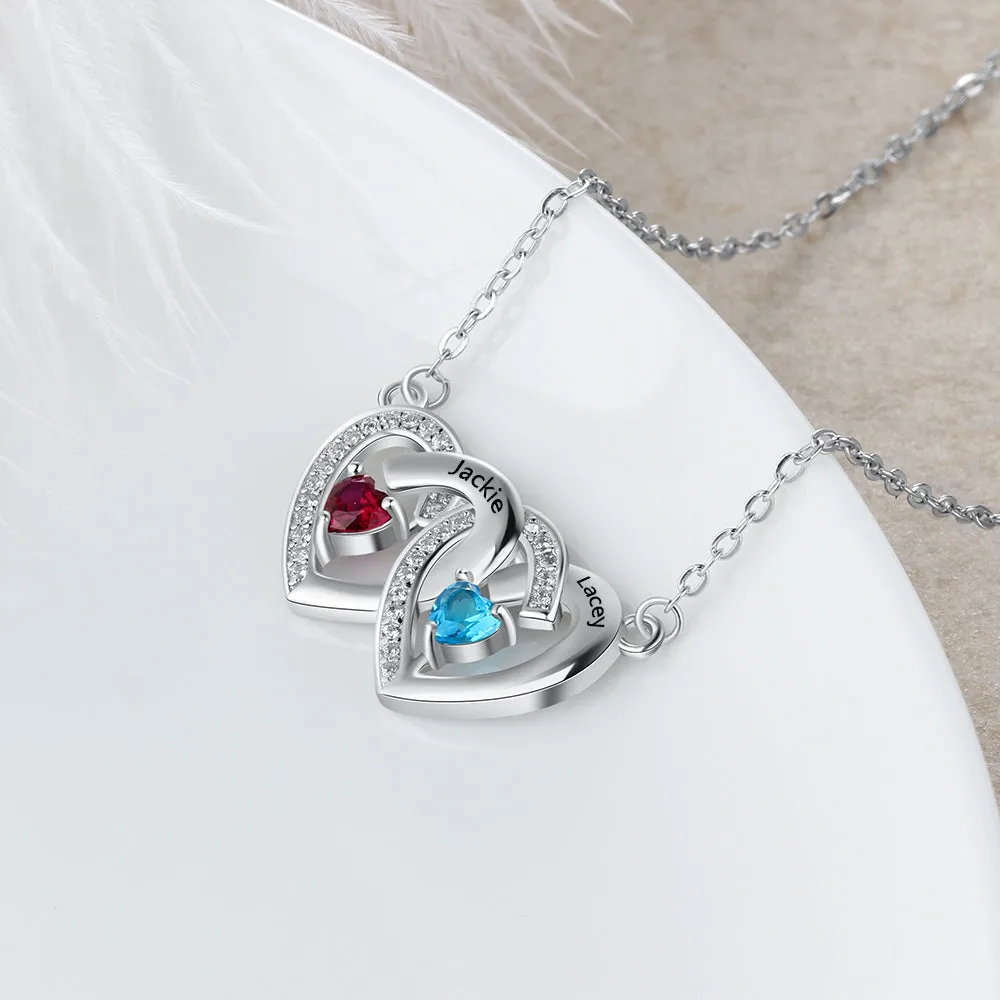 925 Sterling Silver Birthstones Two Hearts Shape Necklace