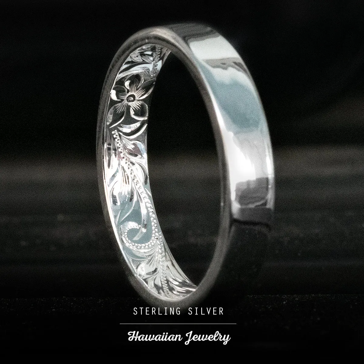 925 Sterling Silver Inside Engraving Ring with Hawaiian Heirloom Design: 4mm-10mm, Flat Shape, Comfort Fitment