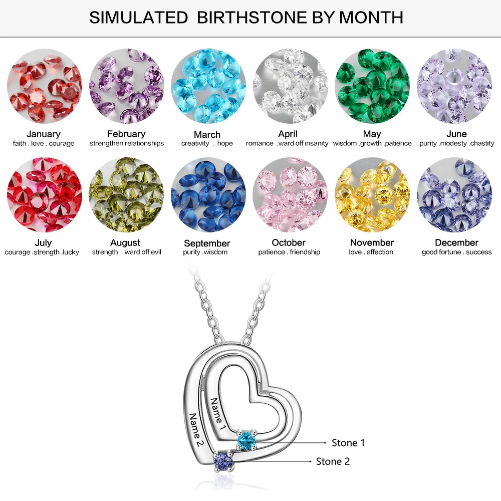 925 Sterling Silver Personalized Name Double Heart Birthstones Pendant Necklace