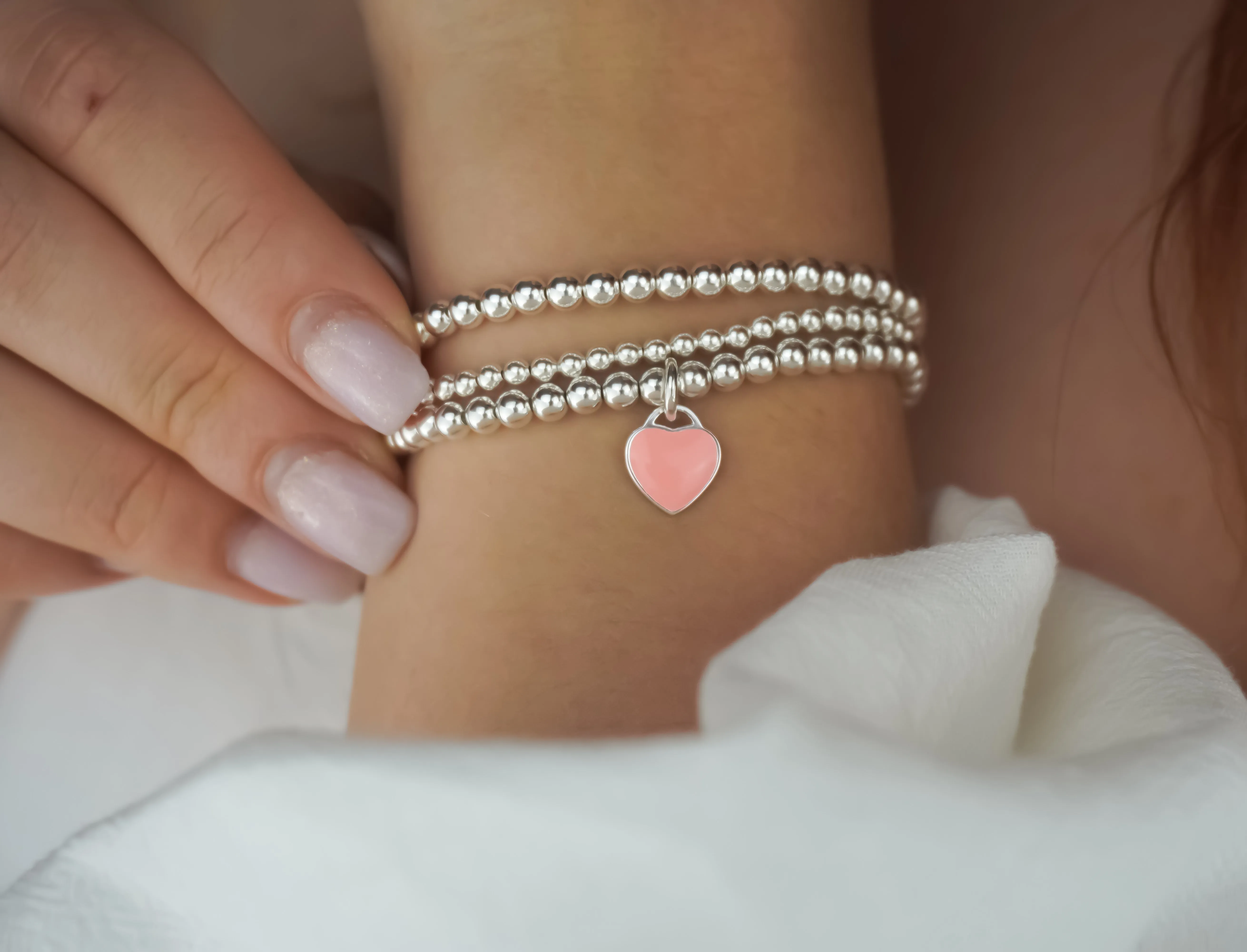 925 Sterling Silver Pink Heart Charm Bracelet, Pink Heart Charm Bracelet, Heart Charm Bracelet