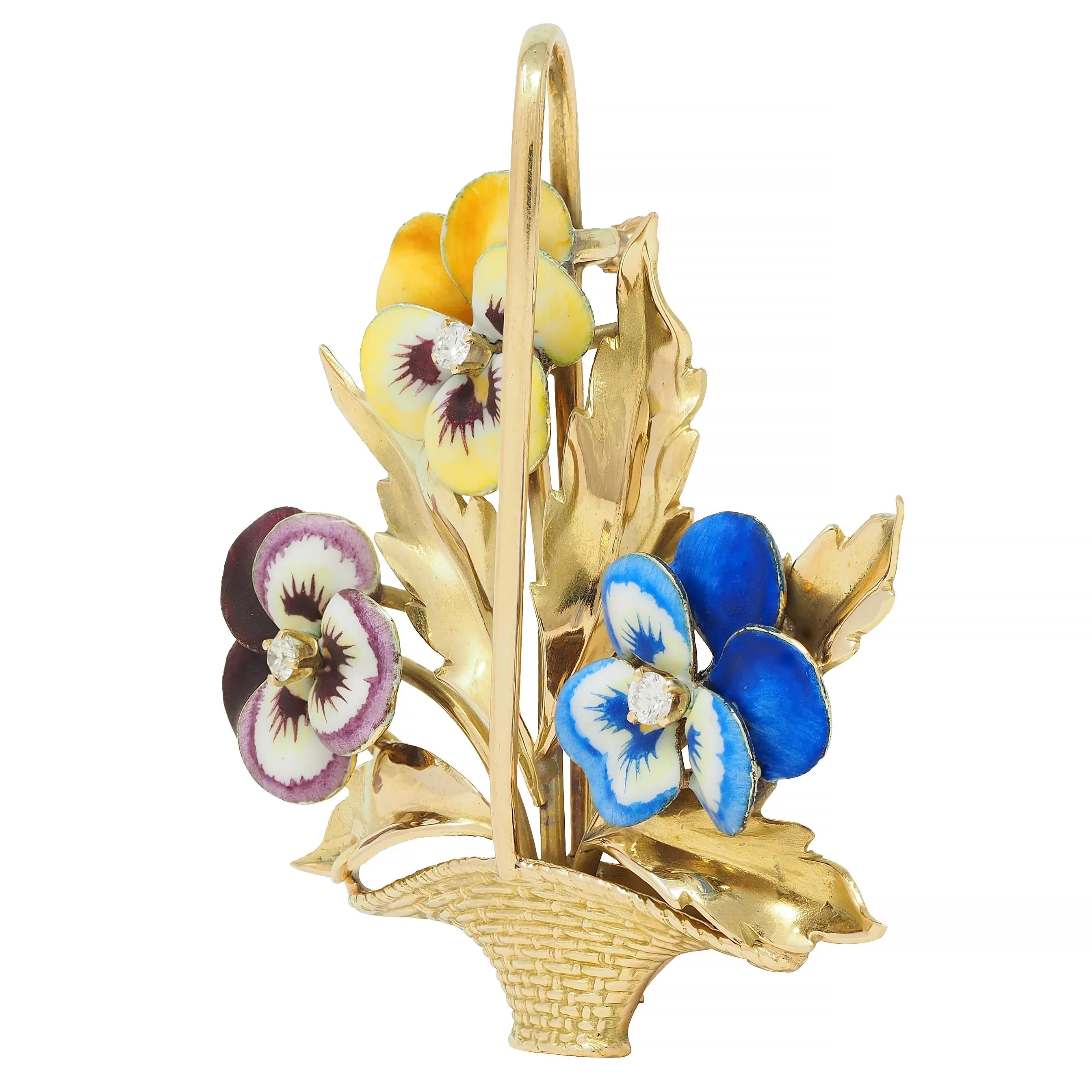 A. J. Hedges & Co. Enamel Diamond 14 Karat Yellow Gold Antique Basket Of Pansies Brooch