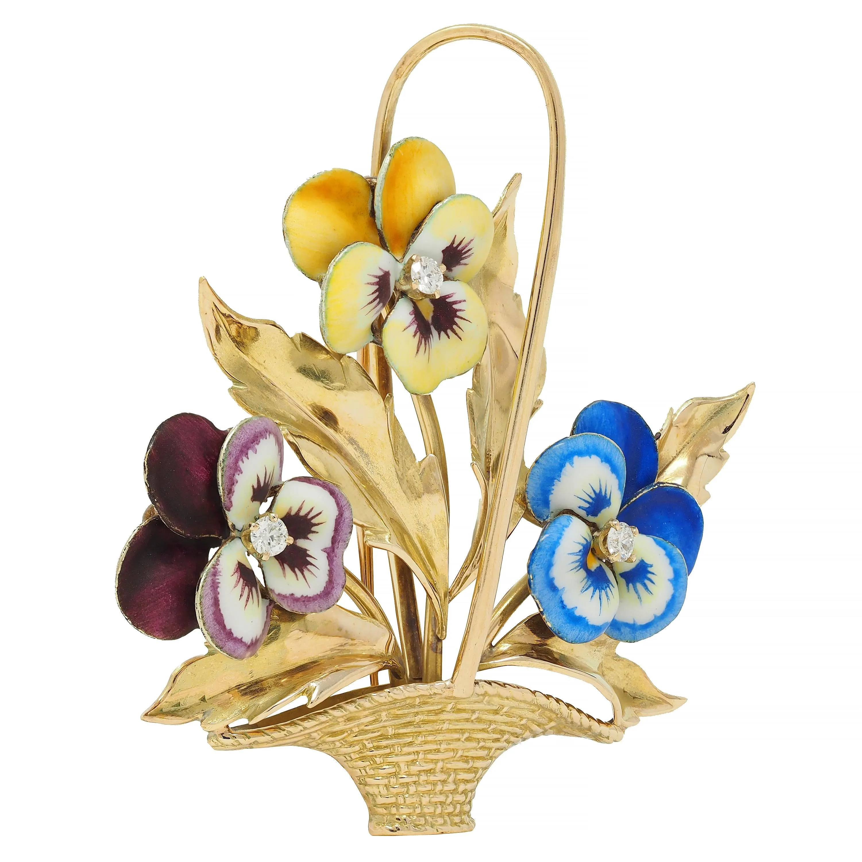 A. J. Hedges & Co. Enamel Diamond 14 Karat Yellow Gold Antique Basket Of Pansies Brooch