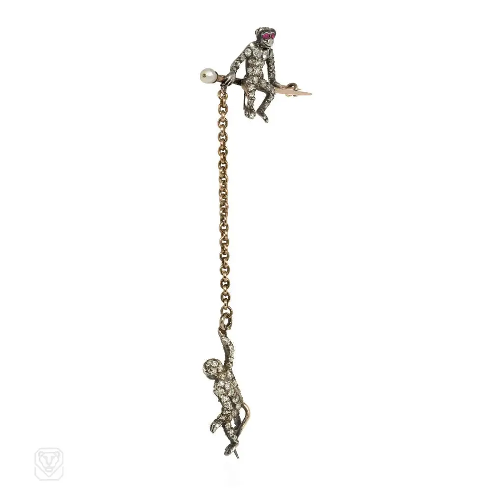 Antique diamond monkey brooch