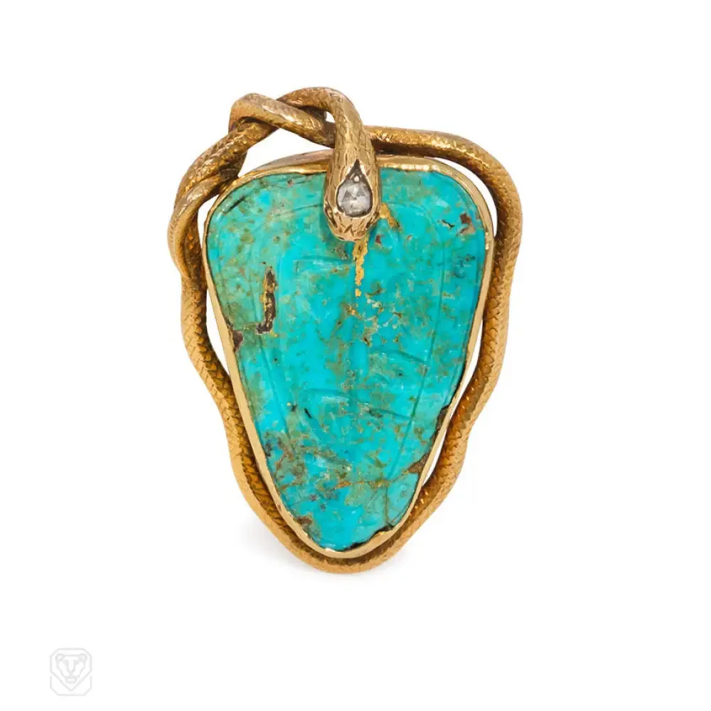 Antique gold and turquoise snake brooch