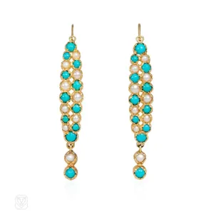 Antique pearl and turquoise poissarde earrings, France