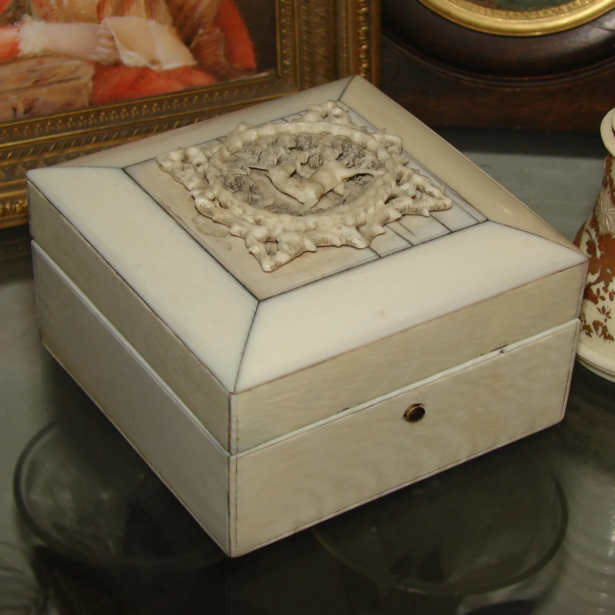 Antique Victorian Era Pocket Watch Box, Casket, Carved Ivory with Deer & Foliage