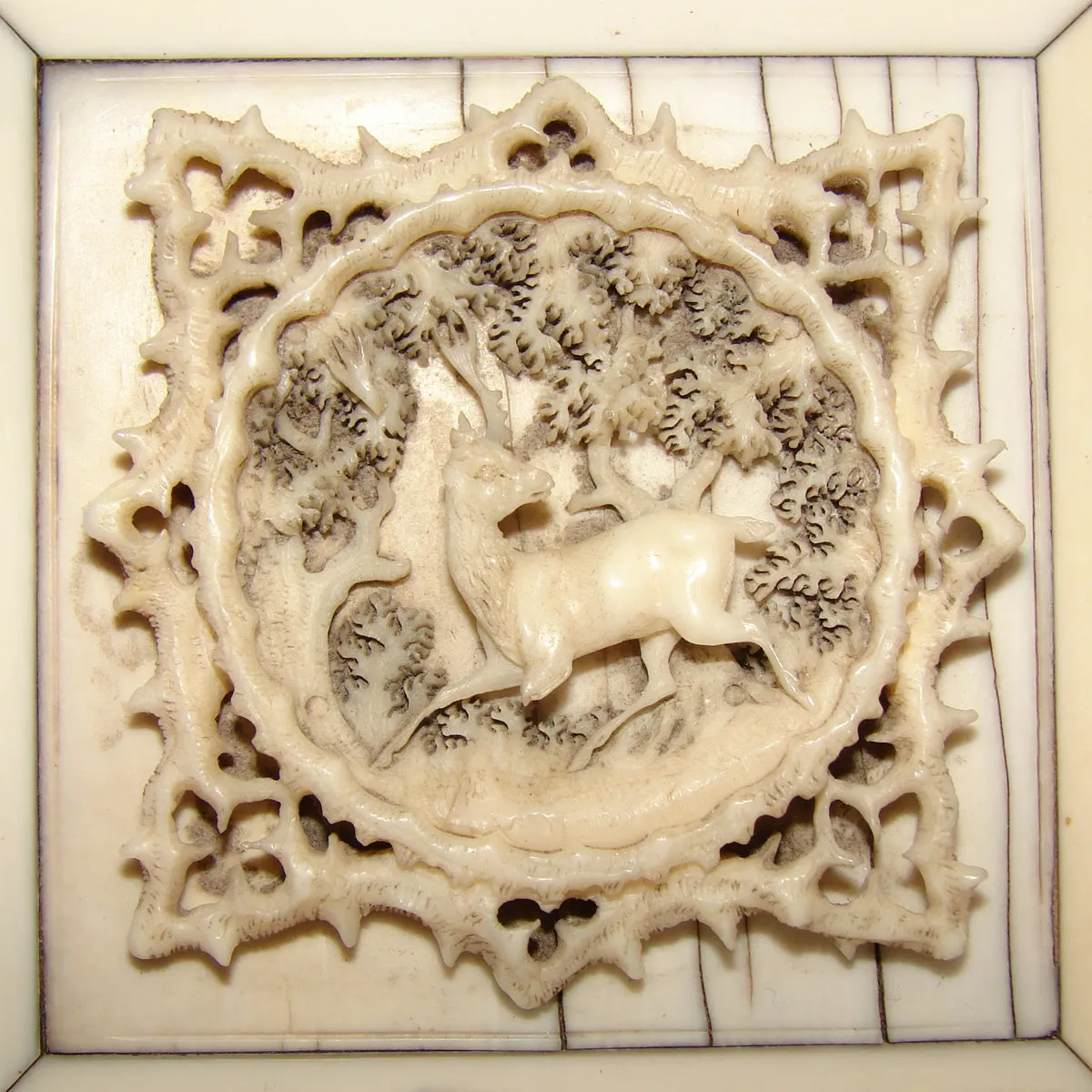 Antique Victorian Era Pocket Watch Box, Casket, Carved Ivory with Deer & Foliage